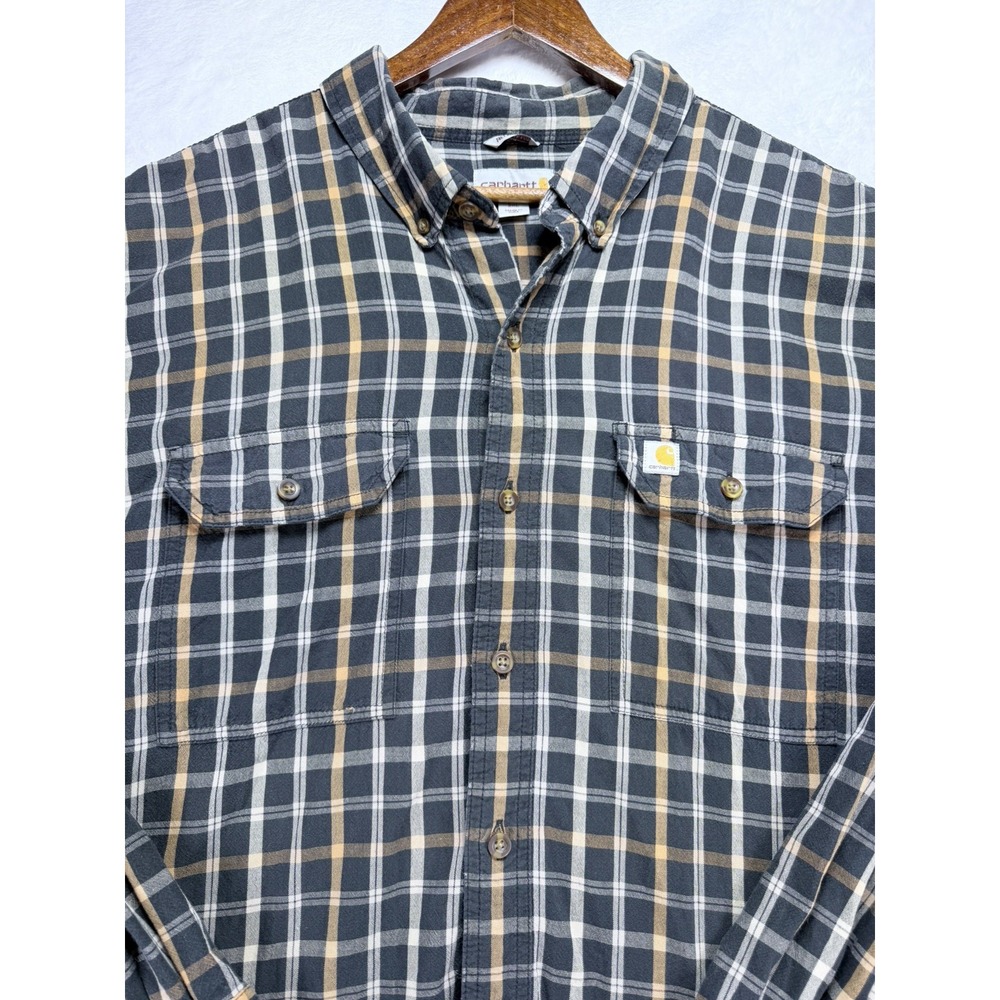 Carhartt Men's 2XL Relaxed Fit Plaid Long Sleeve Button Down Shirt Charcoal Gold
